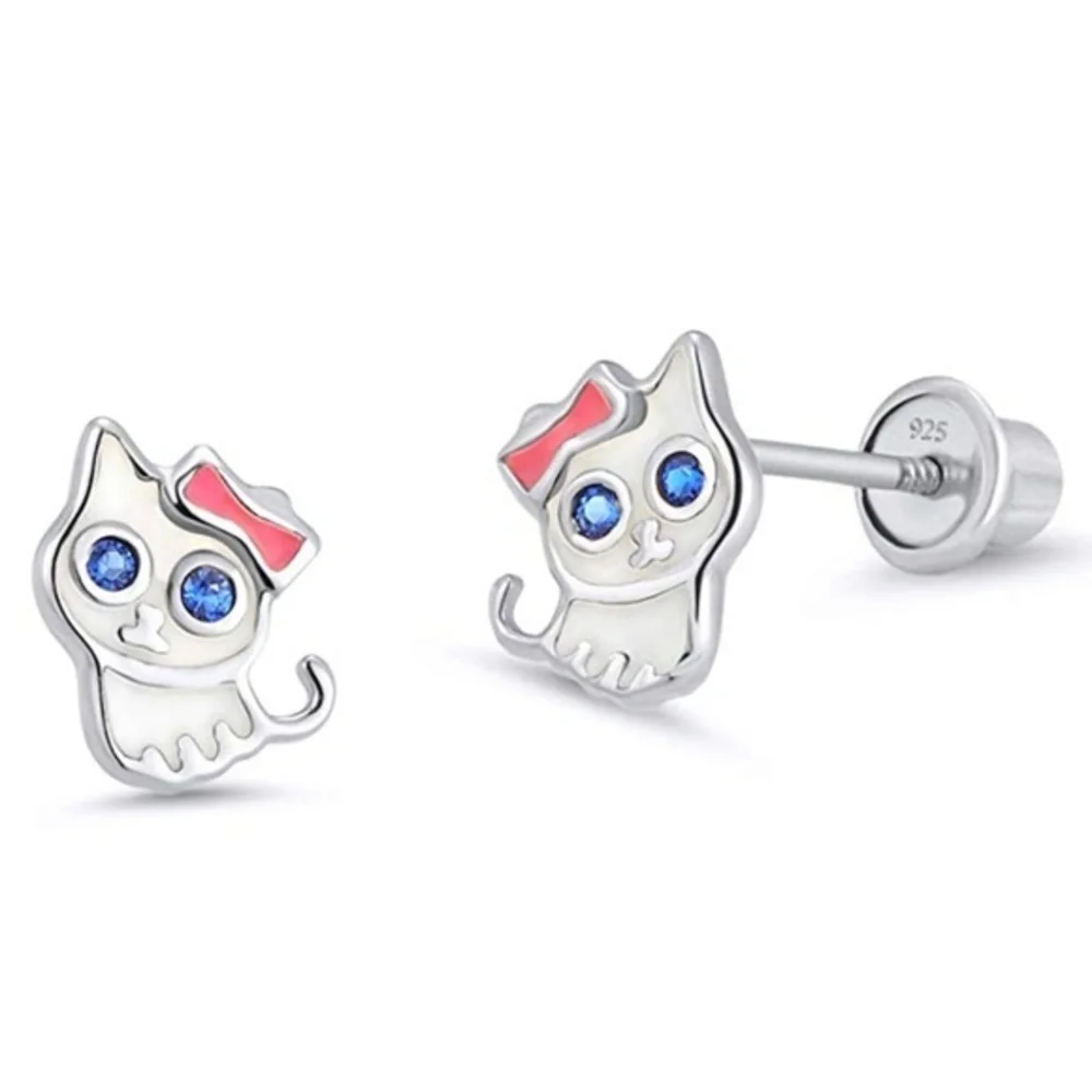 Sterling Silver Enamel Cat Kitten Stud Earrings